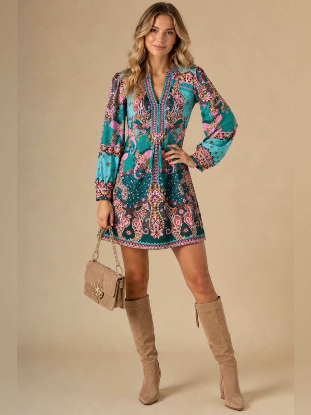 Hale Bob Teal & Pink Paisley V-Neck Dress
